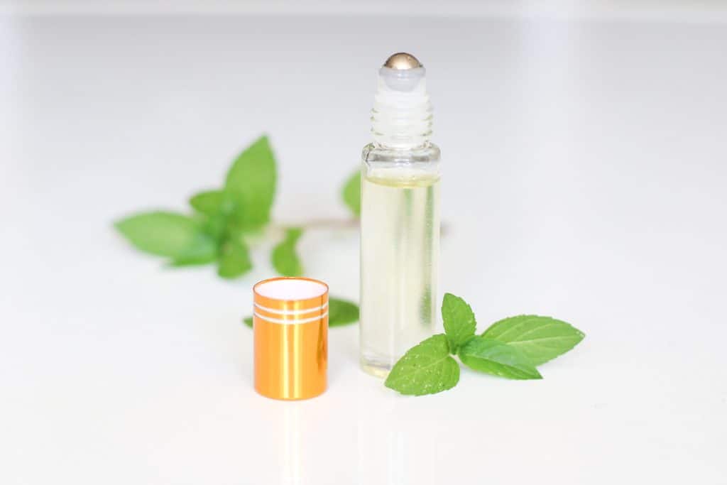 diy lip oil in roller bottle with mint leaves around