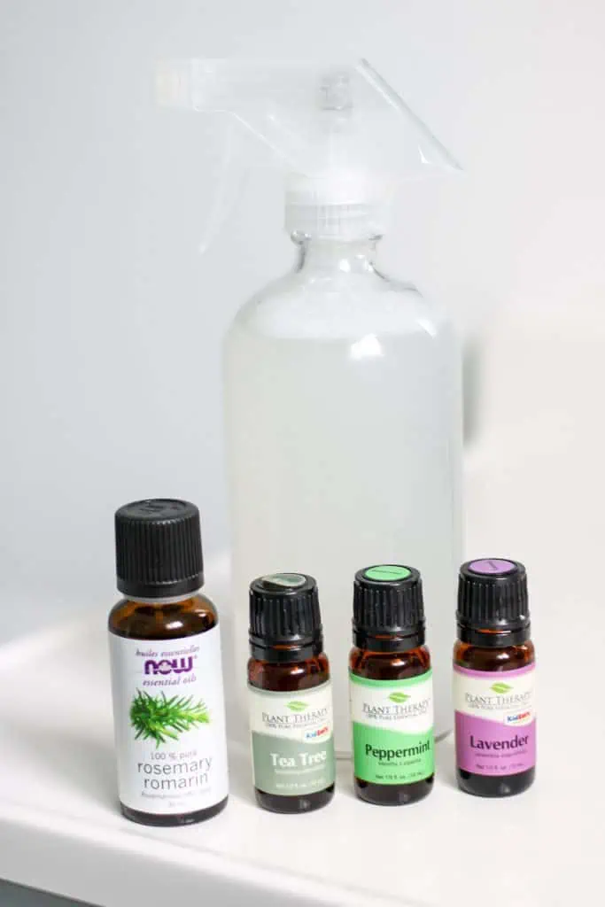 glass spray bottle and essential oil bottles