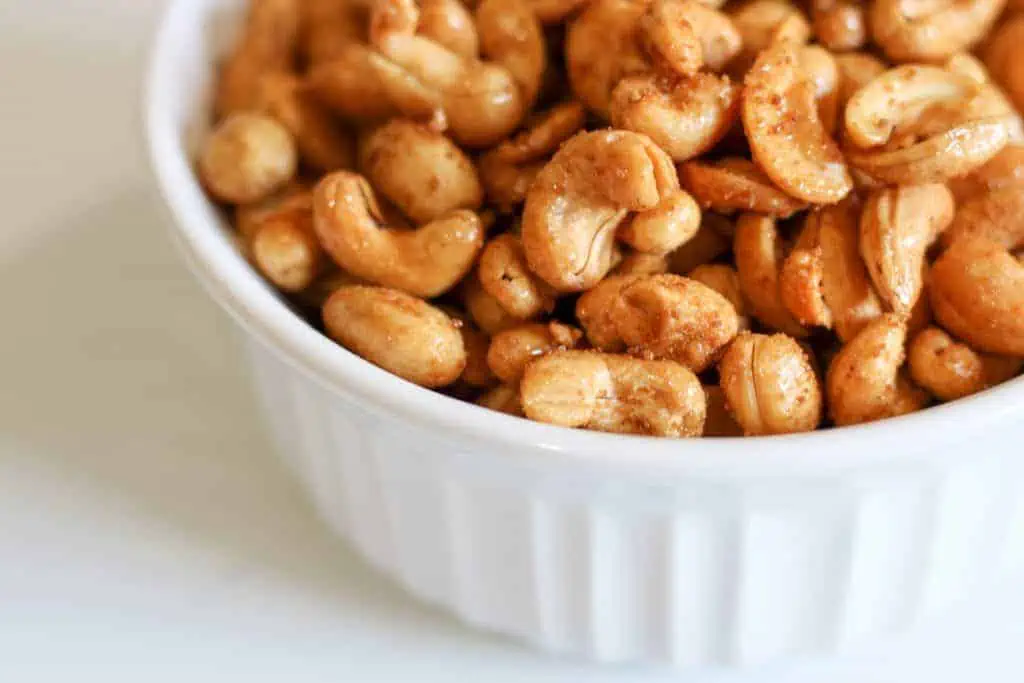 honey roasted cashews in bowl