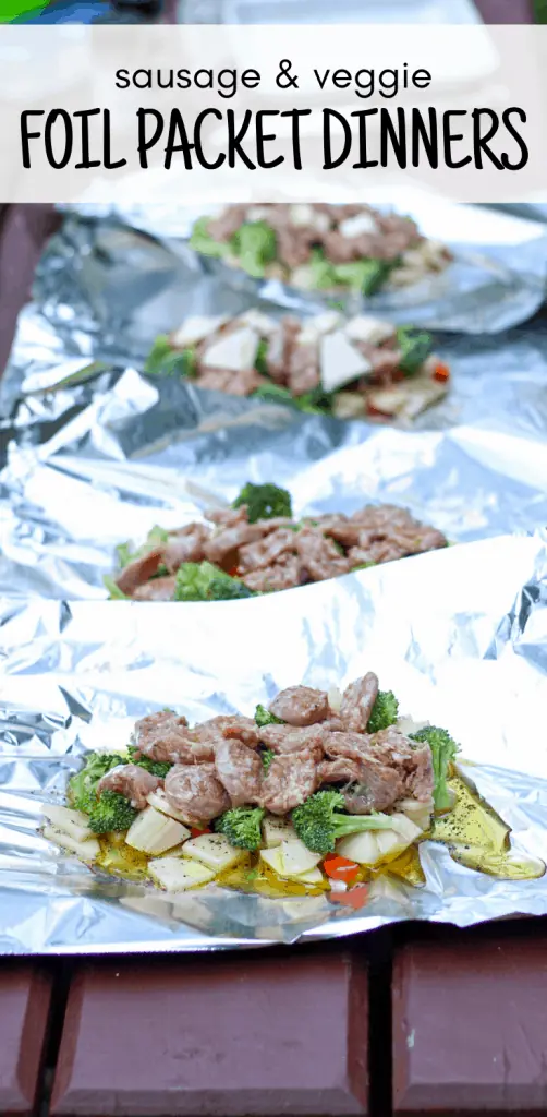 sausage and veggie in foil before wrapping into packets