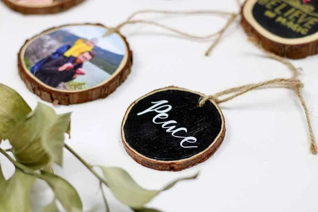 photo and painted tree cookie ornaments