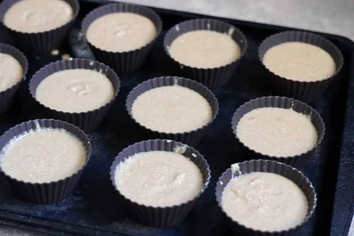 vanilla cupcake batter in silicone muffin liners