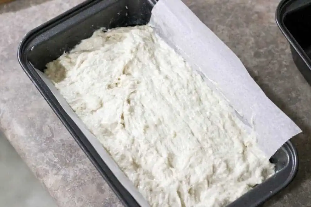 wet bread dough in a loaf pan before baking