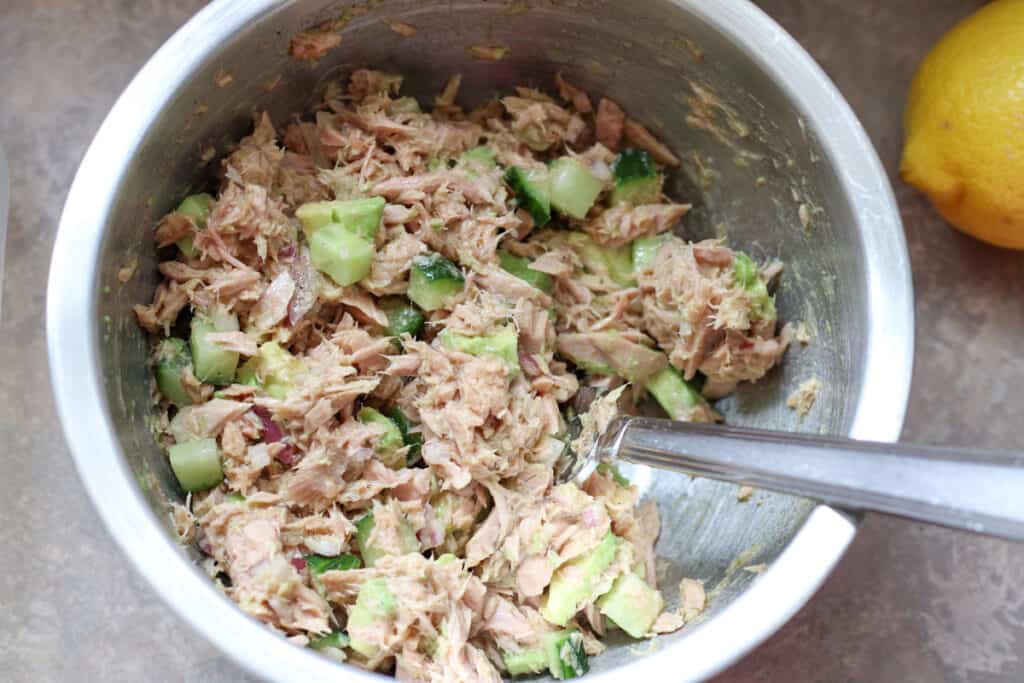 tuna salad in a mixing bowl