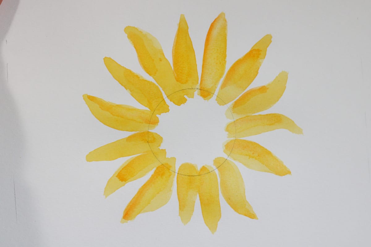 First layer of sunflower petals in watercolor painting