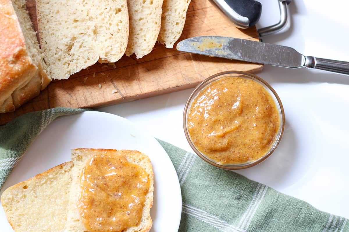 peach jam, toast and bread