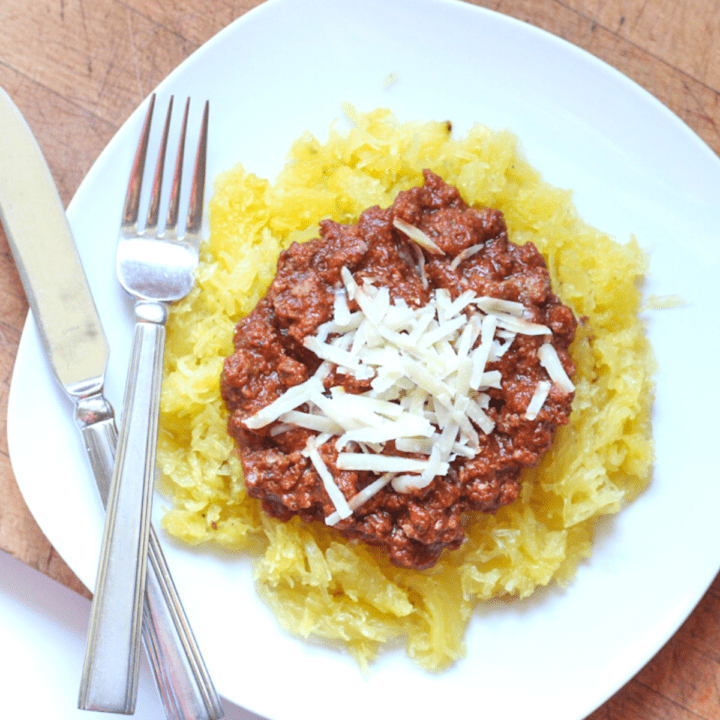 plate of spaghetti squash and meat sauce
