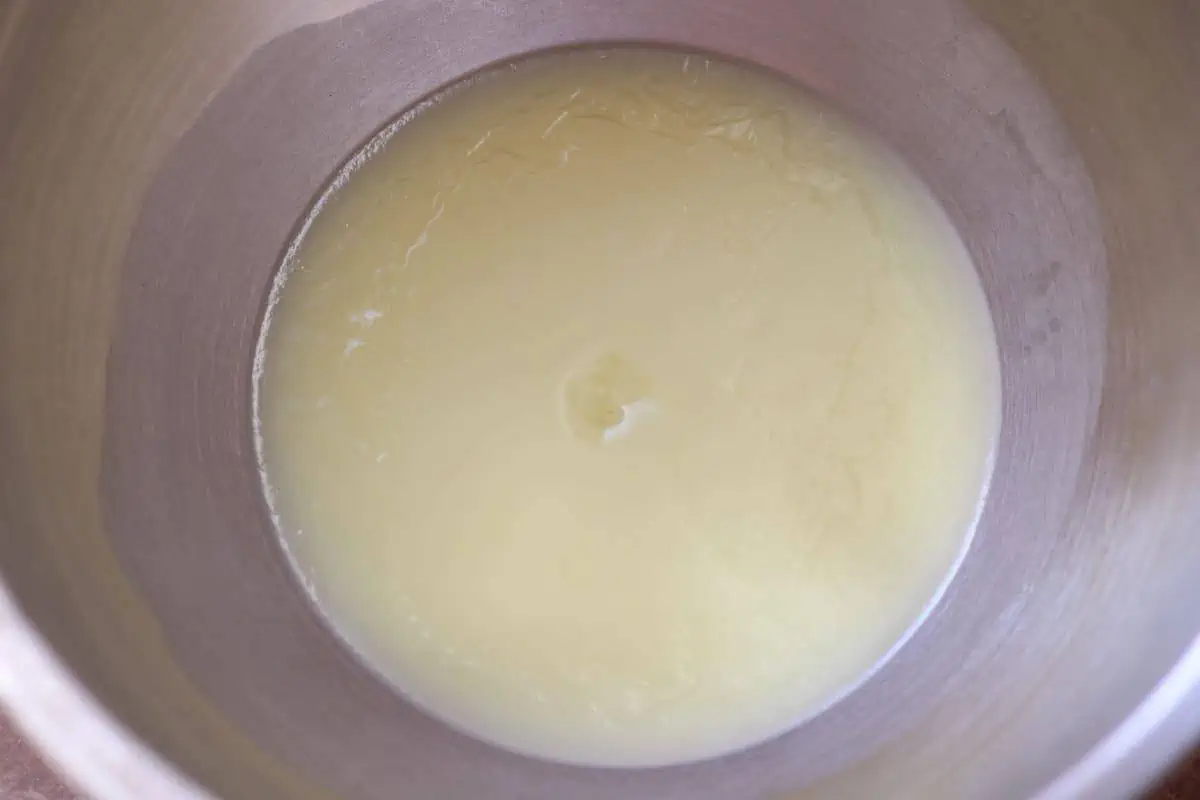 cooled tallow mixture in mixing bowl