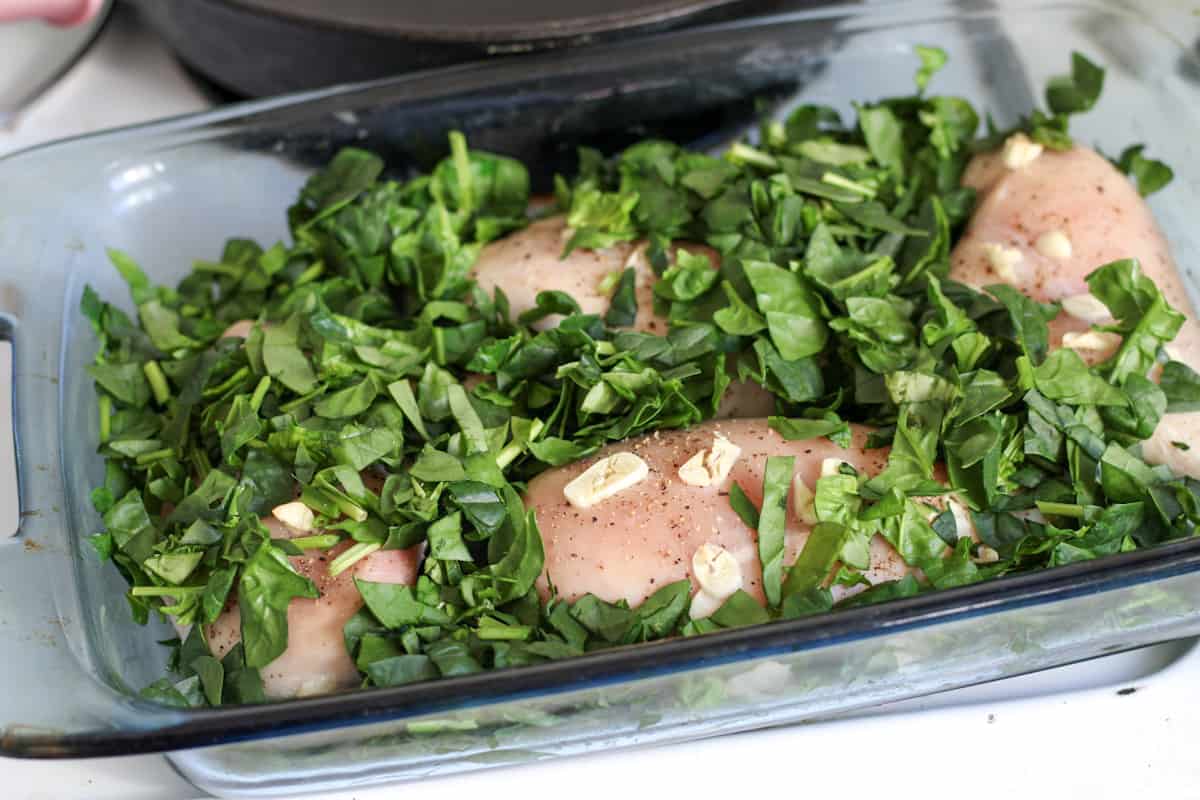 chicken in a pan with chopped spinach around it