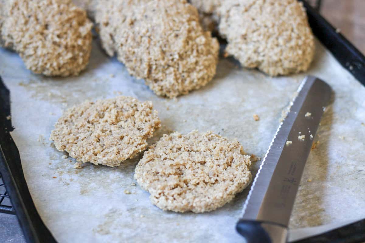 cut open biscuit on baking sheet