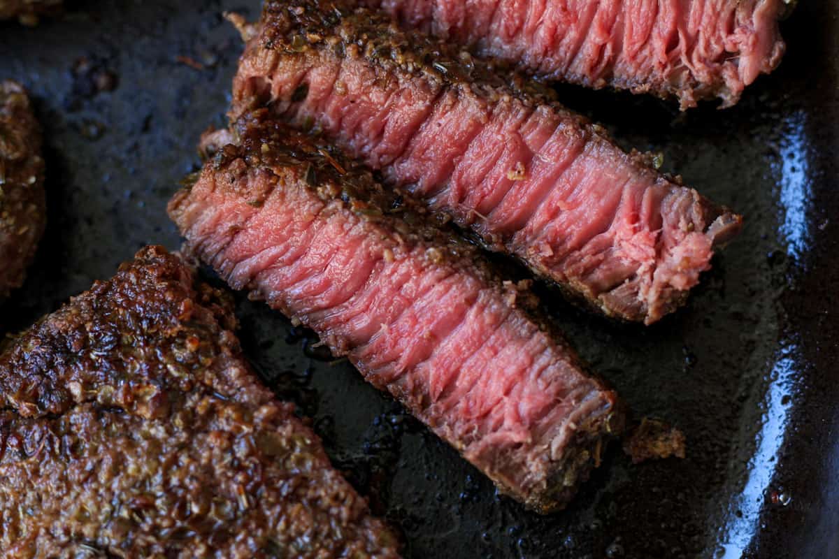 closeup of steak slices
