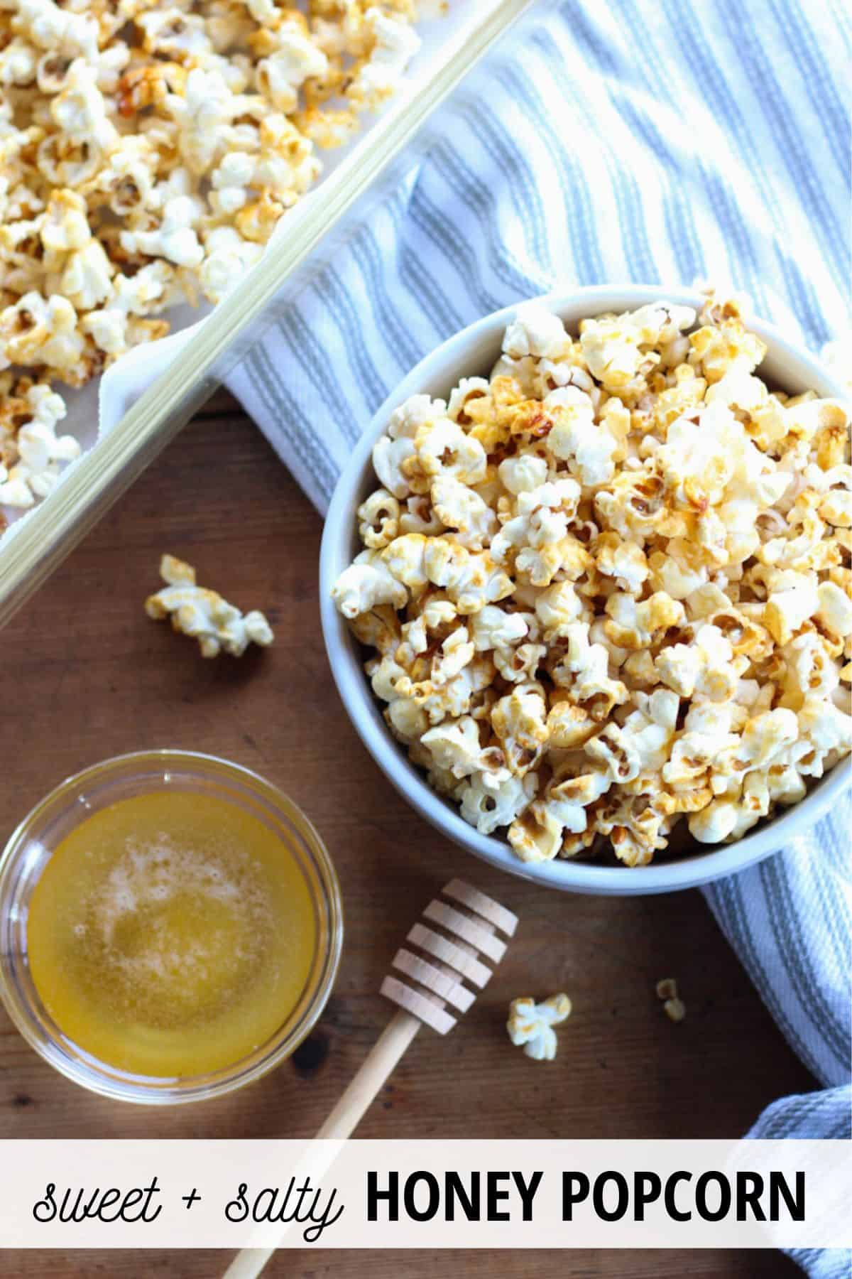 bowl of honey popcorn beside making sheet of popcorn