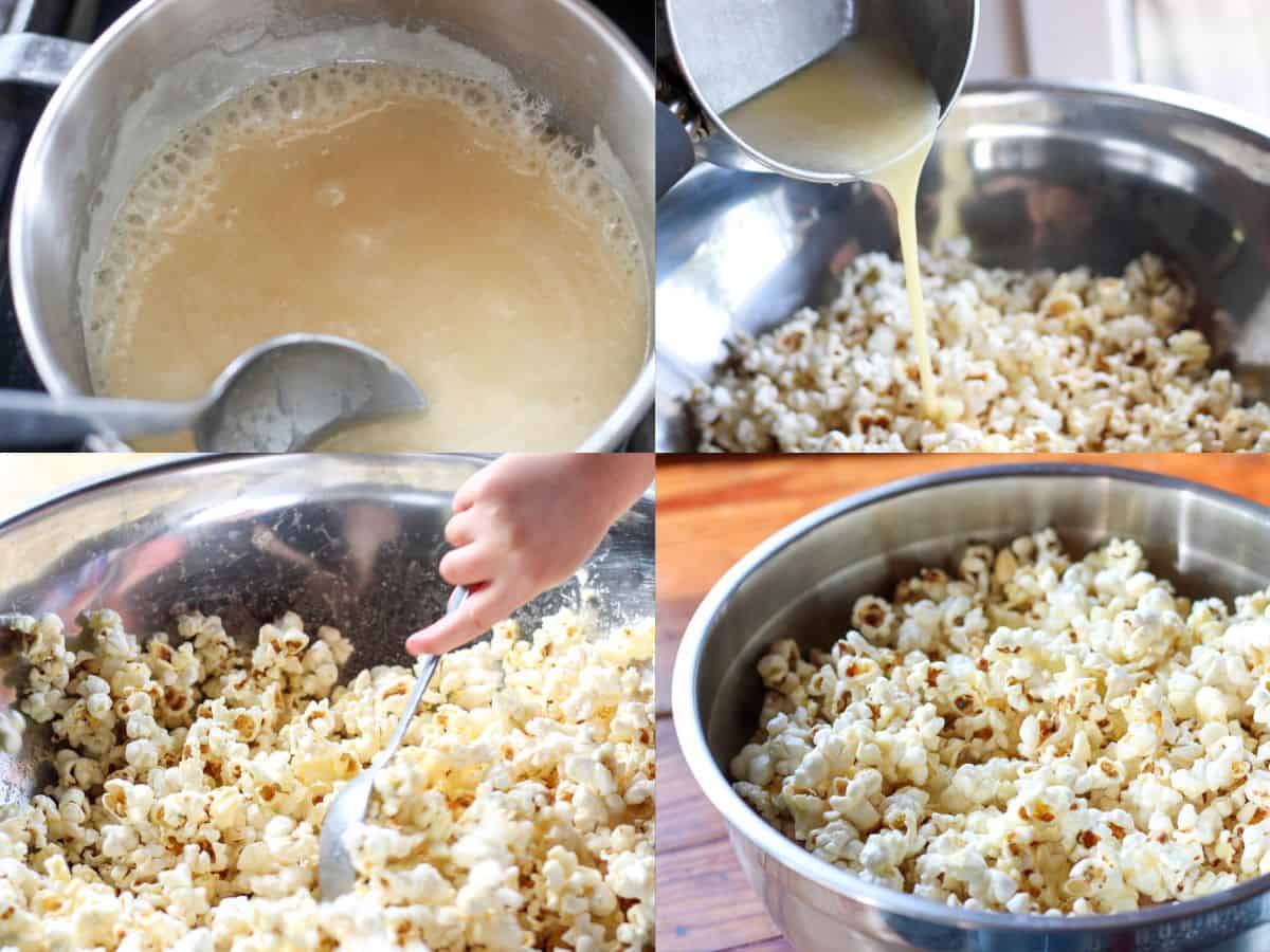process photos of making honey popcorn