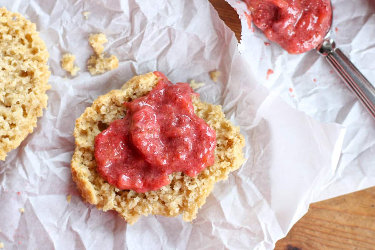 biscuit with strawberry rhubarb jam on it
